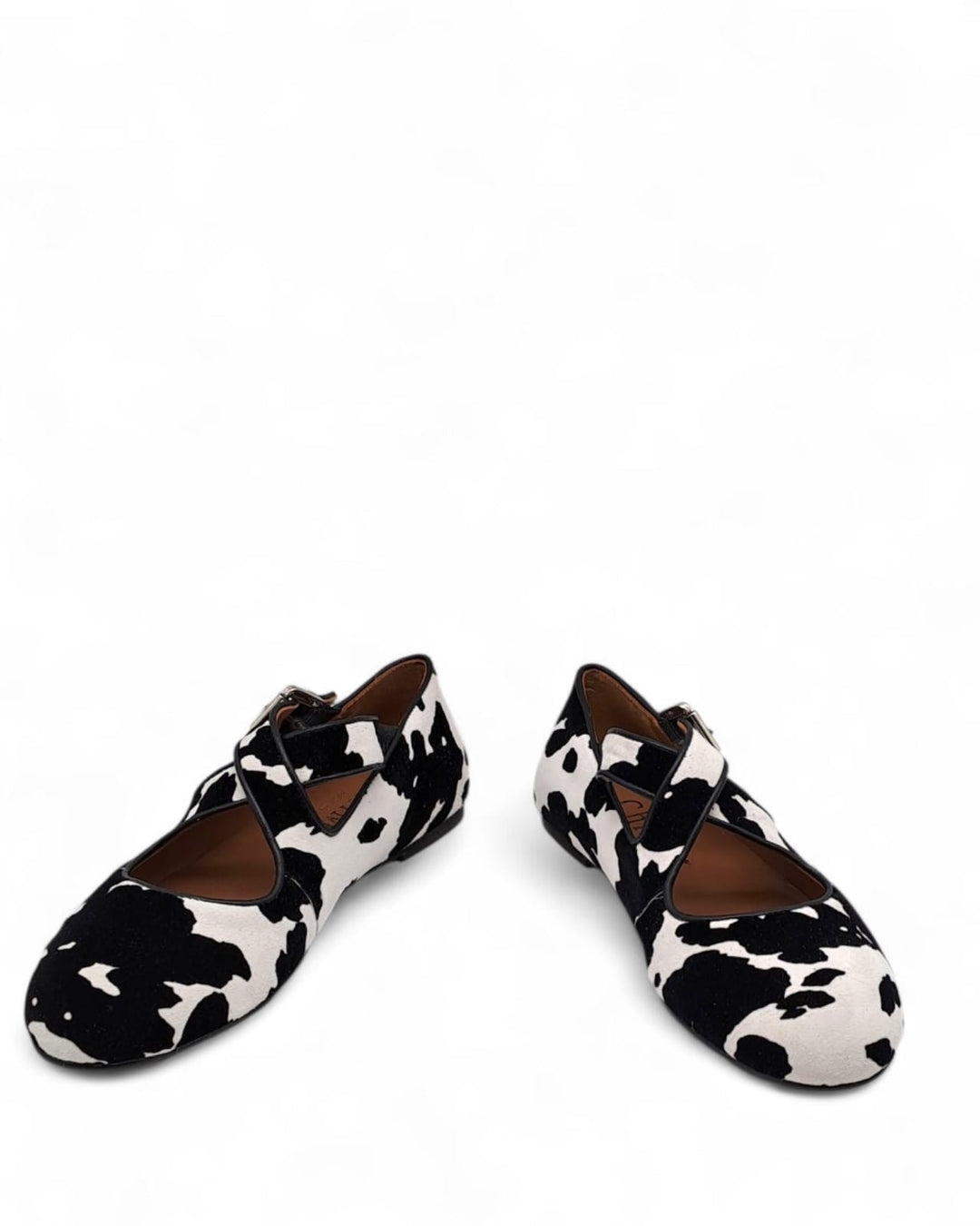 Ballerina Incrocio Camoscio Floccato Mucca Bianco / Nero