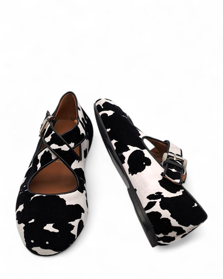 Ballerina Incrocio Camoscio Floccato Mucca Bianco / Nero