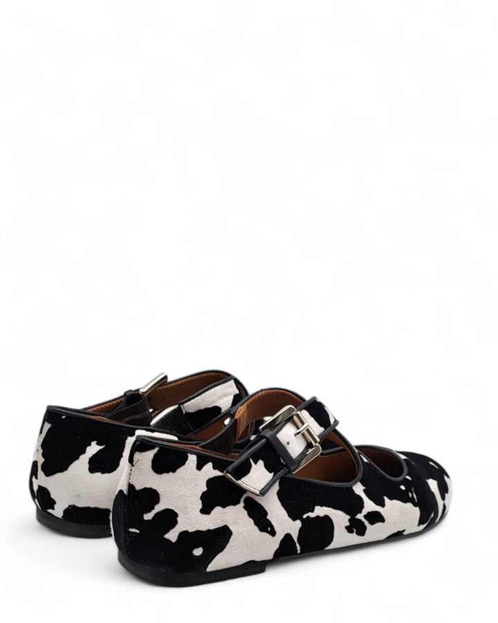 Ballerina Incrocio Camoscio Floccato Mucca Bianco / Nero