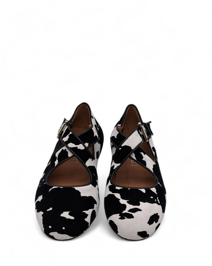 Ballerina Incrocio Camoscio Floccato Mucca Bianco / Nero