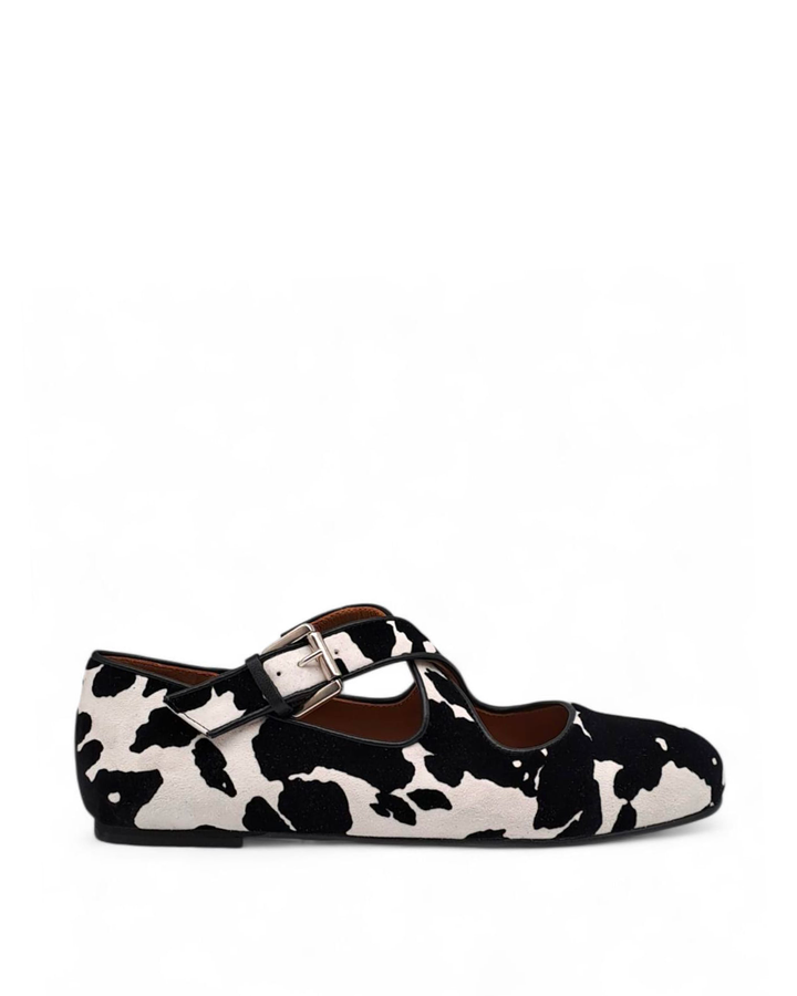 Ballerina Incrocio Camoscio Floccato Mucca Bianco / Nero