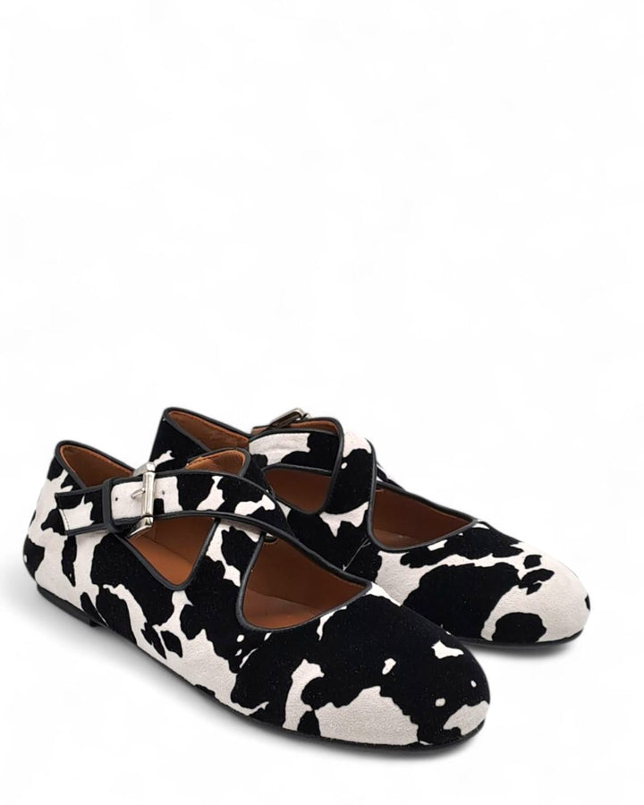 Ballerina Incrocio Camoscio Floccato Mucca Bianco / Nero